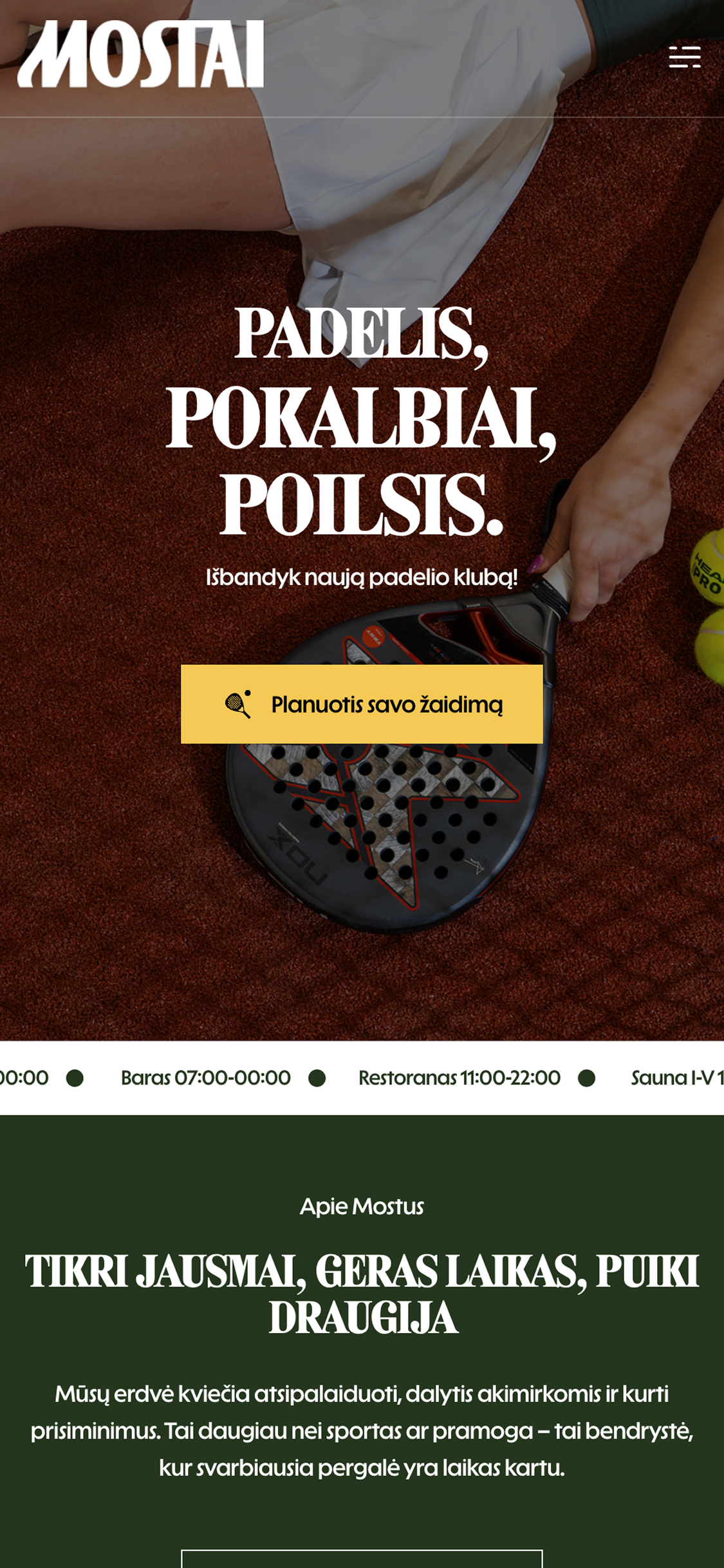 Mostai Padel Club mobile website homepage with hero banner and CTA "Plan your game"
