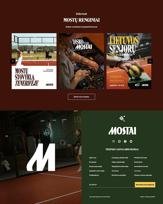 Mostai club events segment with three event cards and a dark green footer block