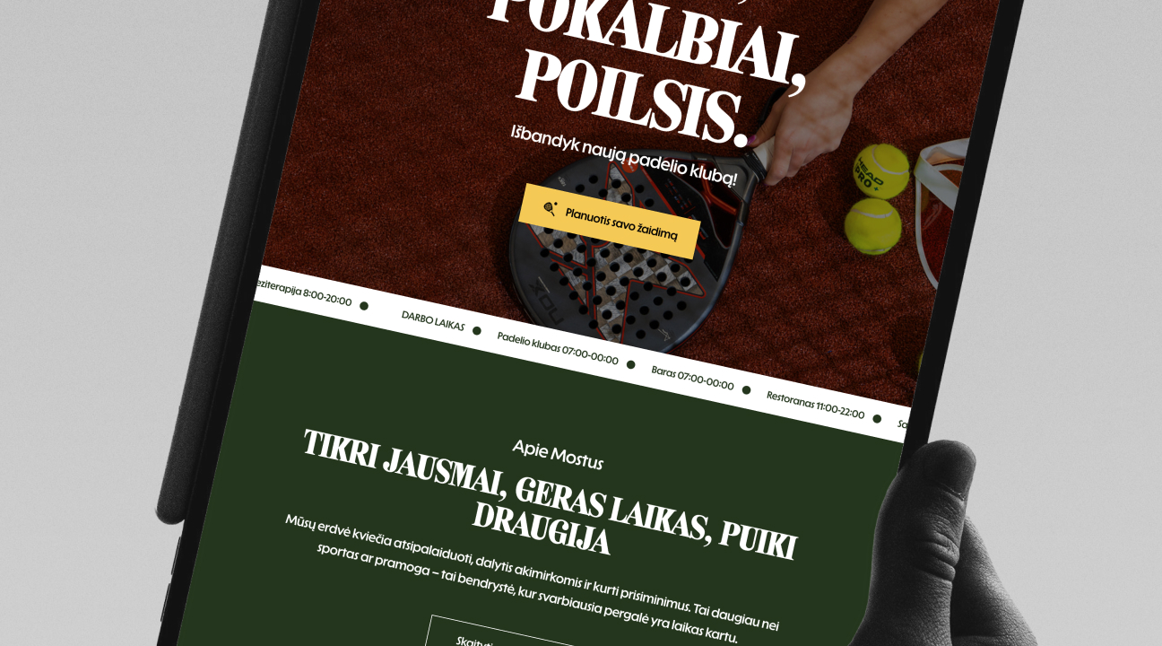 „Mostai“ klubo pagrindinio puslapio segmentas planšetėje su hero CTA ir „Apie mus“ bloku