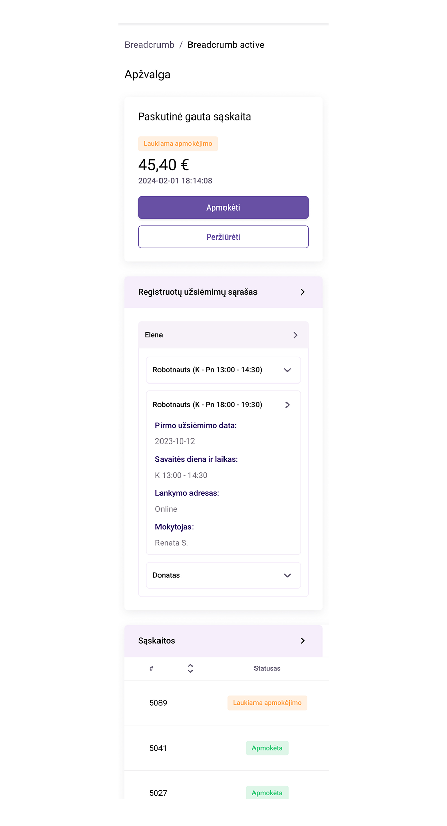 Exoclass club management system parent account screen with account overview and registered classes