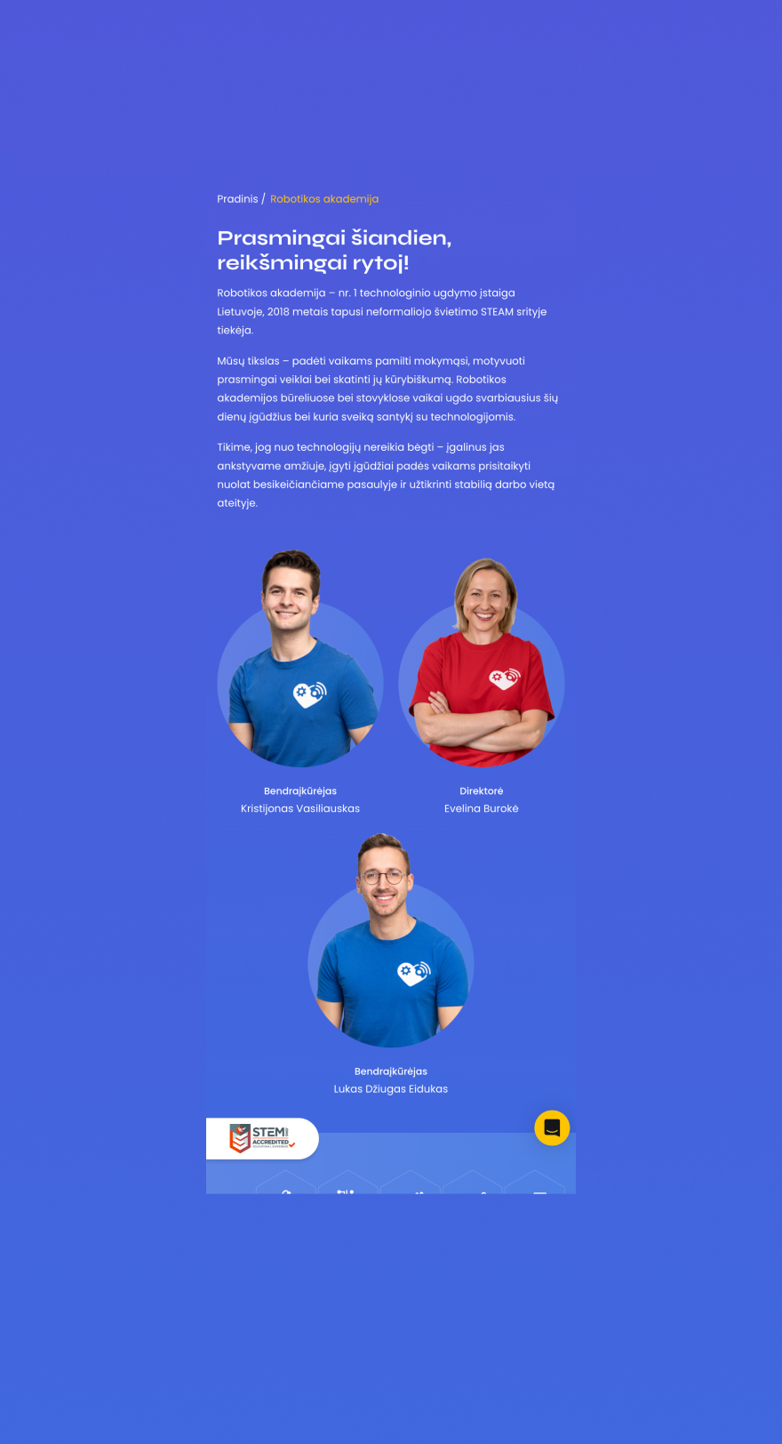"About us" page of the Academy of Robotics with the introduction of the founders and director