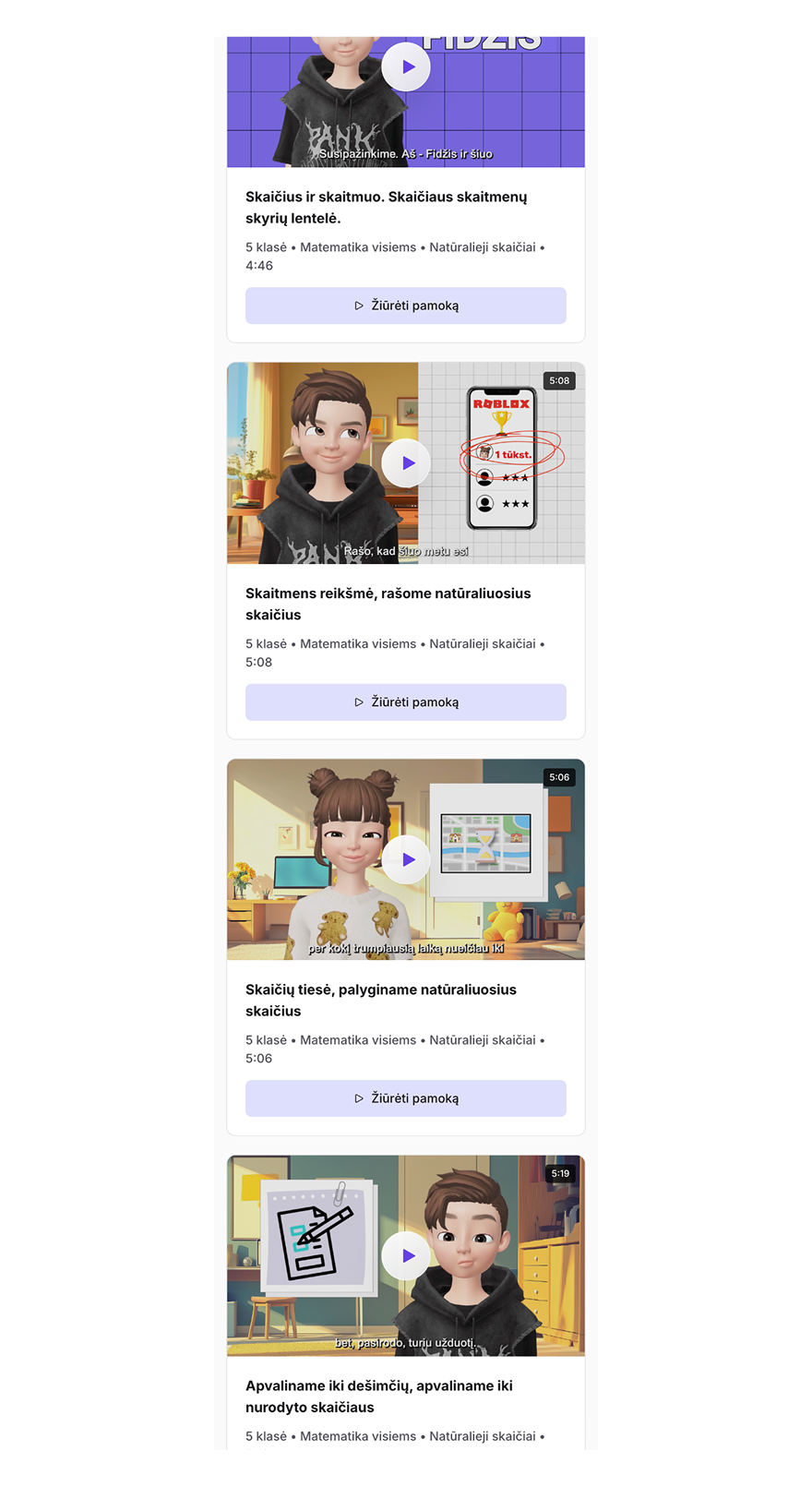AHA Stories mobilios versijos pamokų sąrašas su 5 klasės matematikos video pamokomis ir peržiūros mygtukais