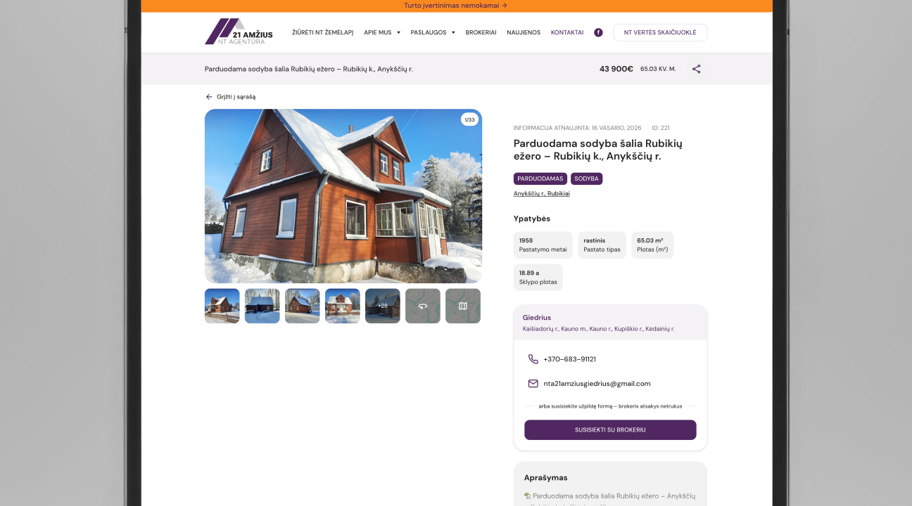 21 Amžius Real Estate Platform real estate page design with photo gallery, homestead information and broker contact